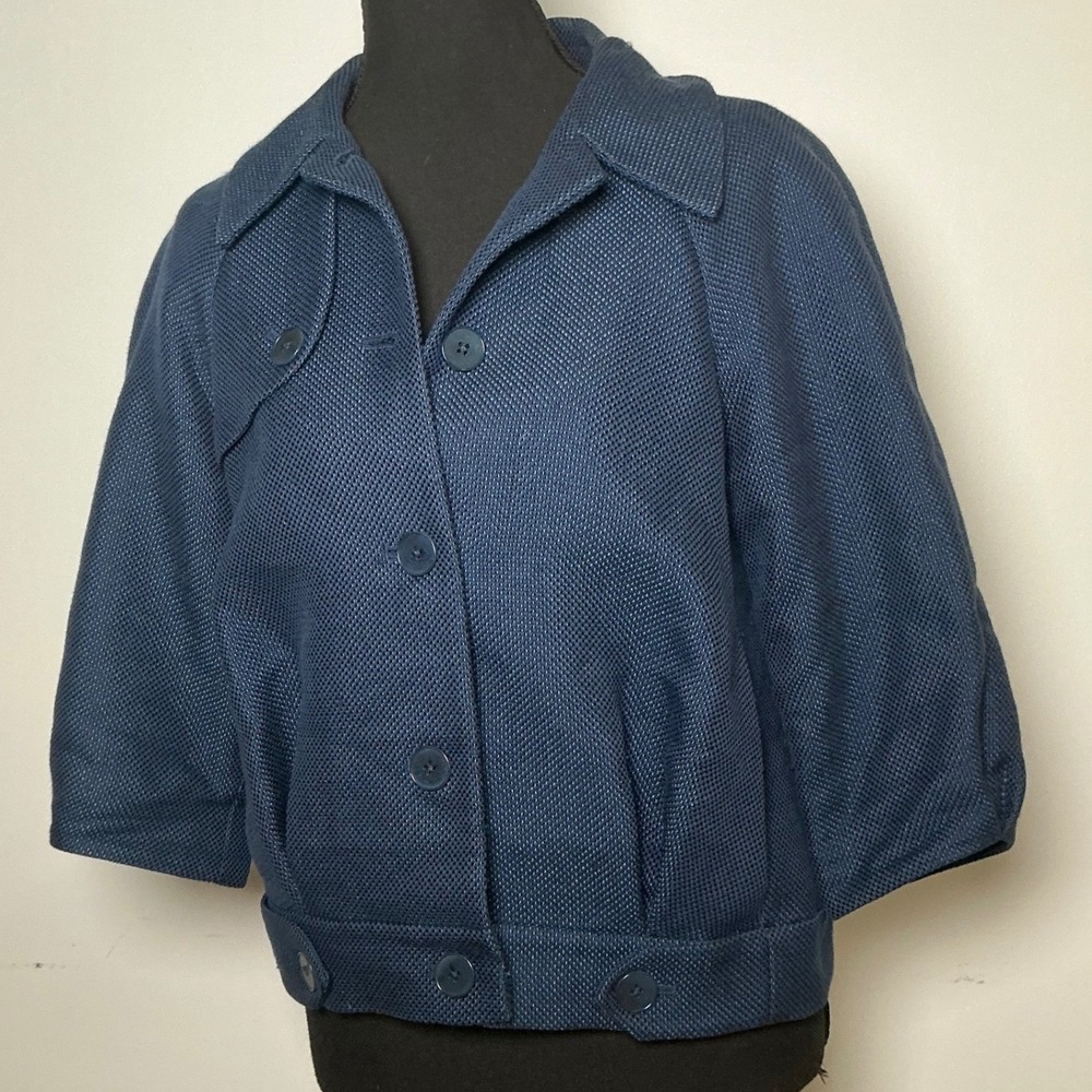 Kate Hill Navy Blue Cropped Textured Button Front Jacket Size 2